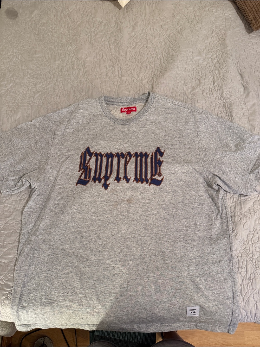 Supreme Gray Tee with Navy and Brown Gothic Logo